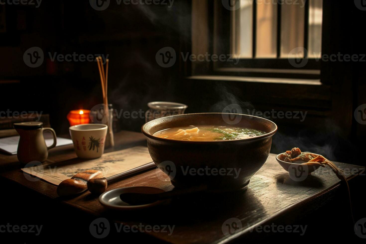 en värma, ångande skål av varm och sur soppa, wonton soppa, terar ett array av smaker och Ingredienser, uppsättning i en mysigt, atmosfärisk kinesisk restaurang. generativ ai foto