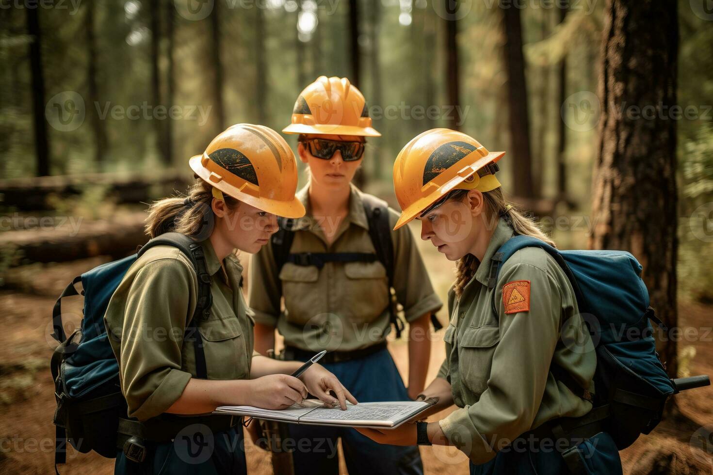 tre kvinna brandmän granskning planer för tackling en stor borsta brand på de kant av en skog. ett pekande till de Karta som de andra nicka längs. generativ ai. foto