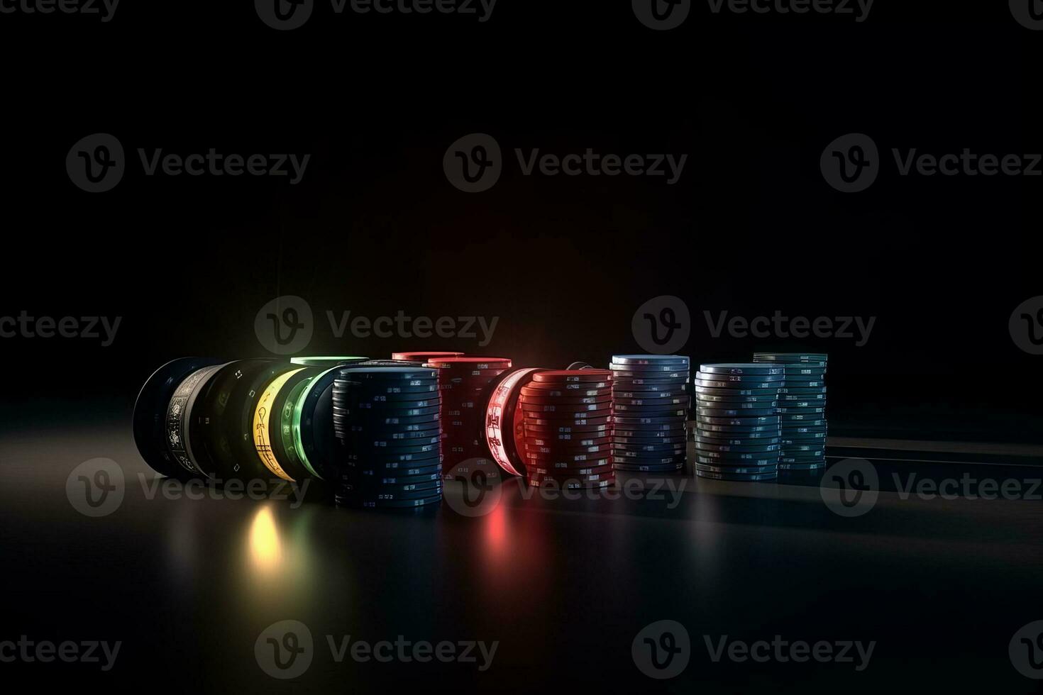 kasino poker pommes frites upplyst förbi färgad neon. de där vem gör inte spela gör inte risk. ai generativ foto