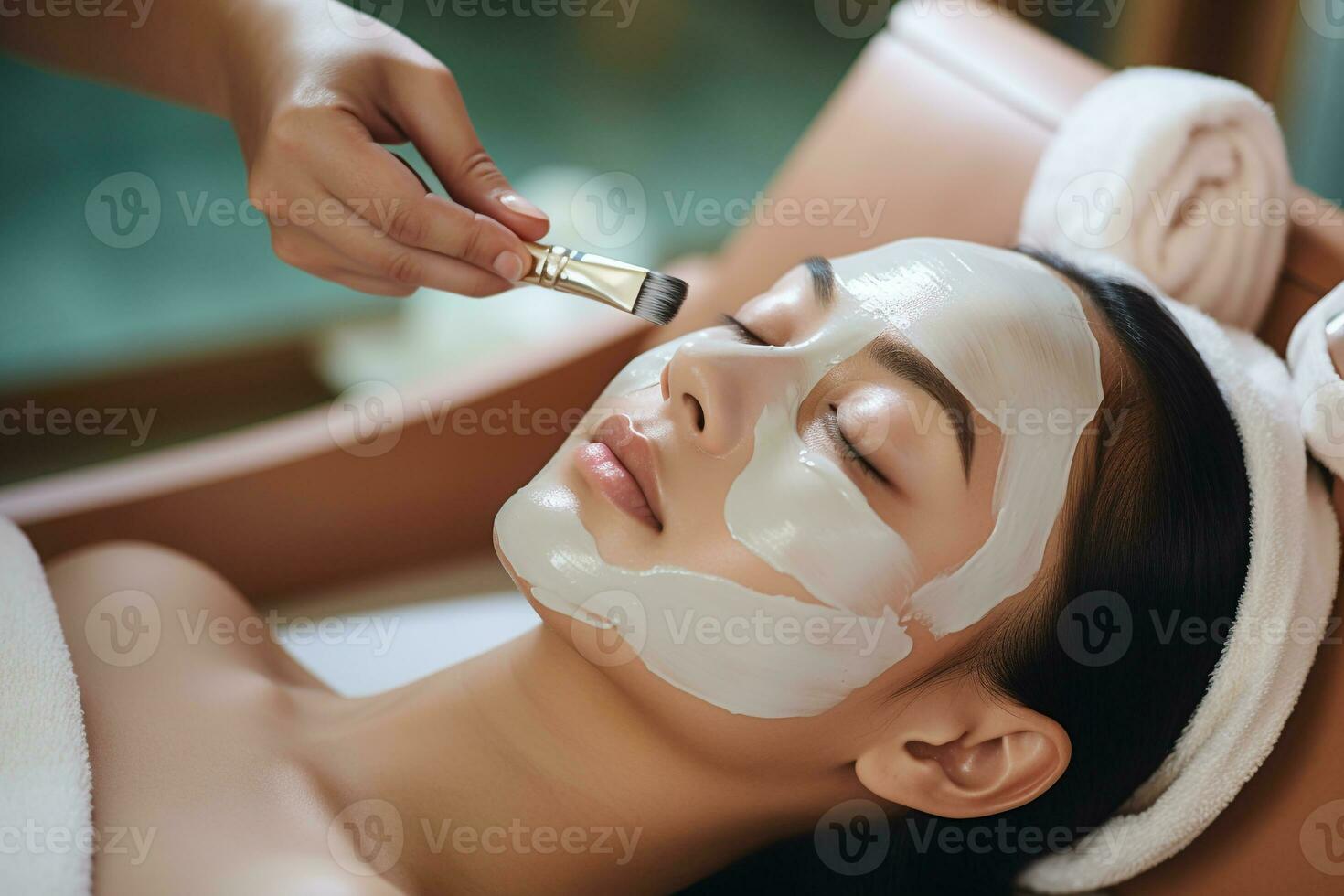 anställd applicering ansiktsbehandling mask på ung ansikte hudvård i spa behandling . spa och skönhet koncept.skapats med generativ ai teknologi. foto