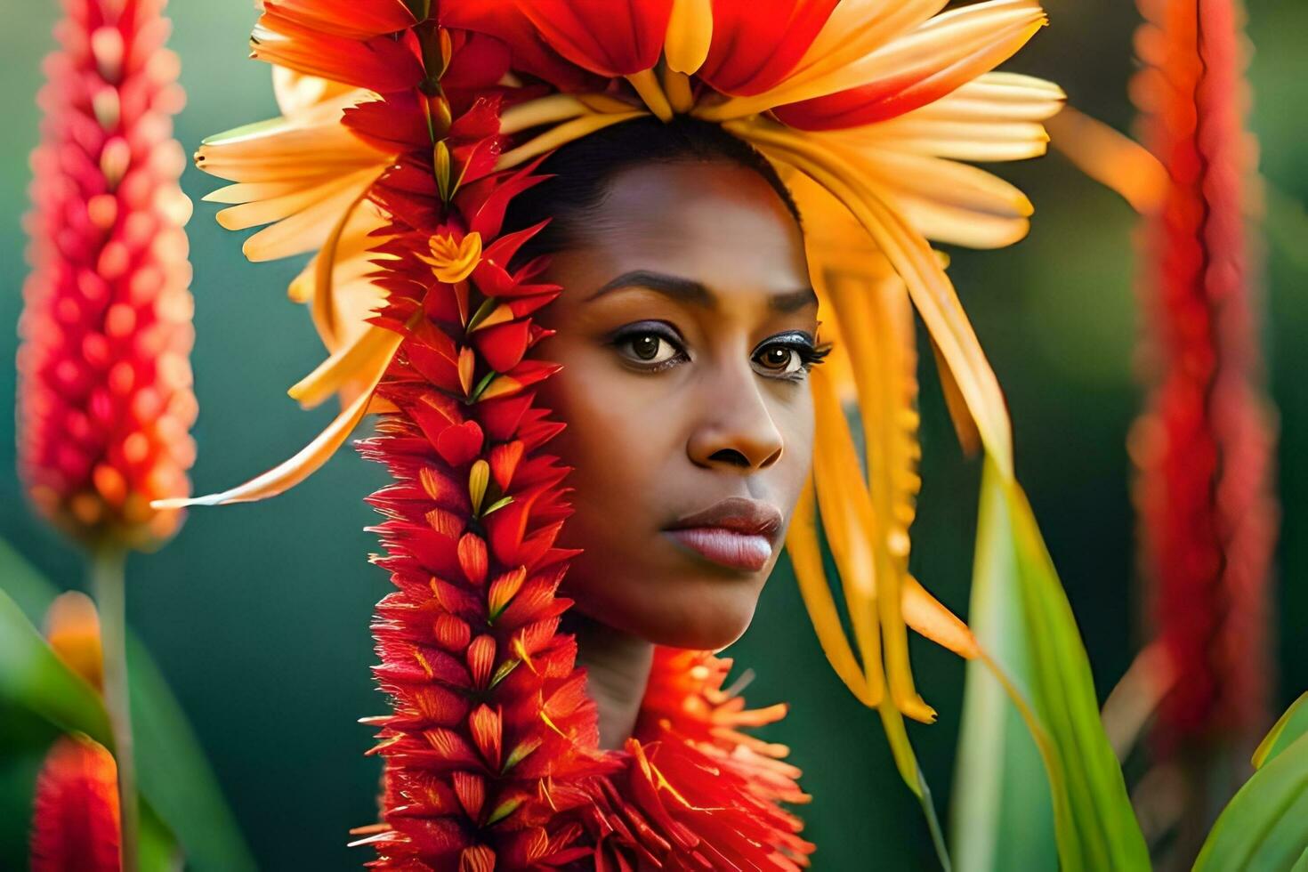 en kvinna med en blomma huvudbonad i de mitten av en fält. ai-genererad foto