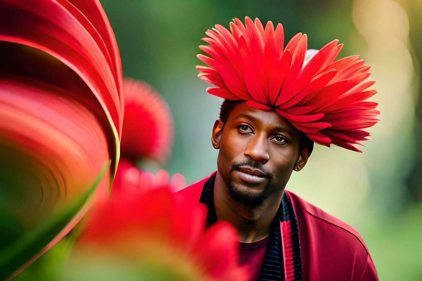 en man bär en blomma krona i främre av några röd blommor. ai-genererad foto
