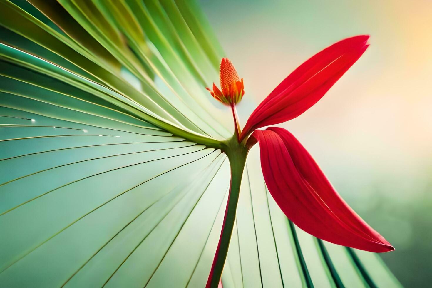 en röd blomma är växande från de stam av en handflatan blad. ai-genererad foto