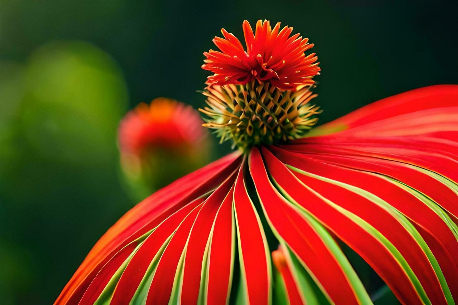 en röd blomma med grön Ränder. ai-genererad foto