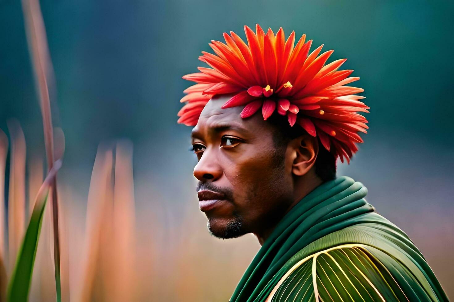 en man med en blomma krona i de gräs. ai-genererad foto