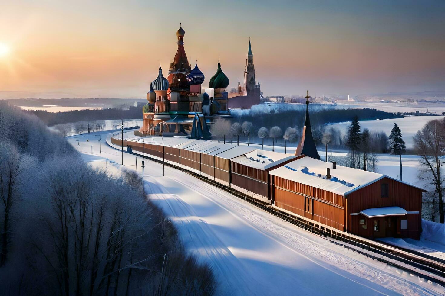 en tåg reser genom en snöig landskap med en kyrka i de bakgrund. ai-genererad foto