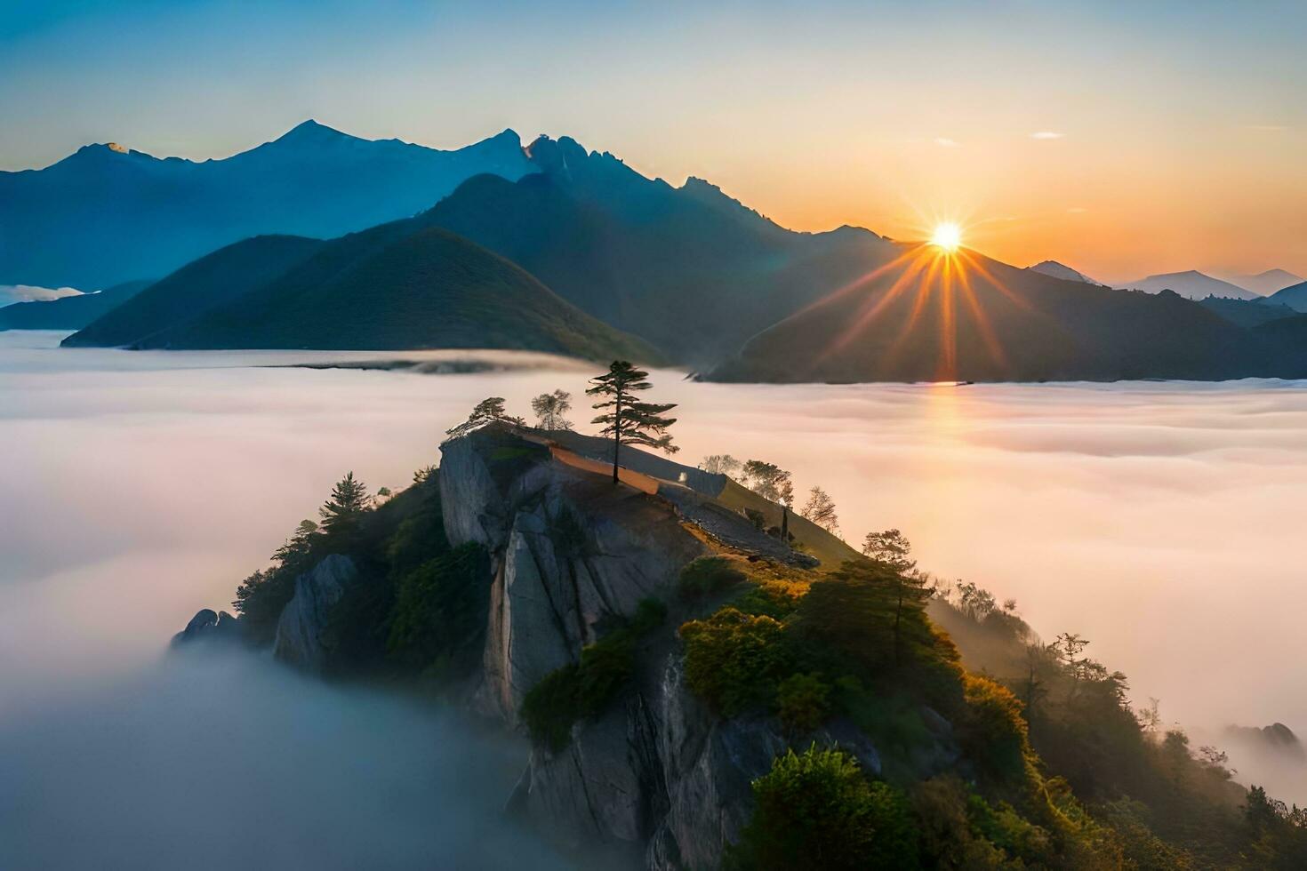 de Sol stiger över de moln i de berg. ai-genererad foto