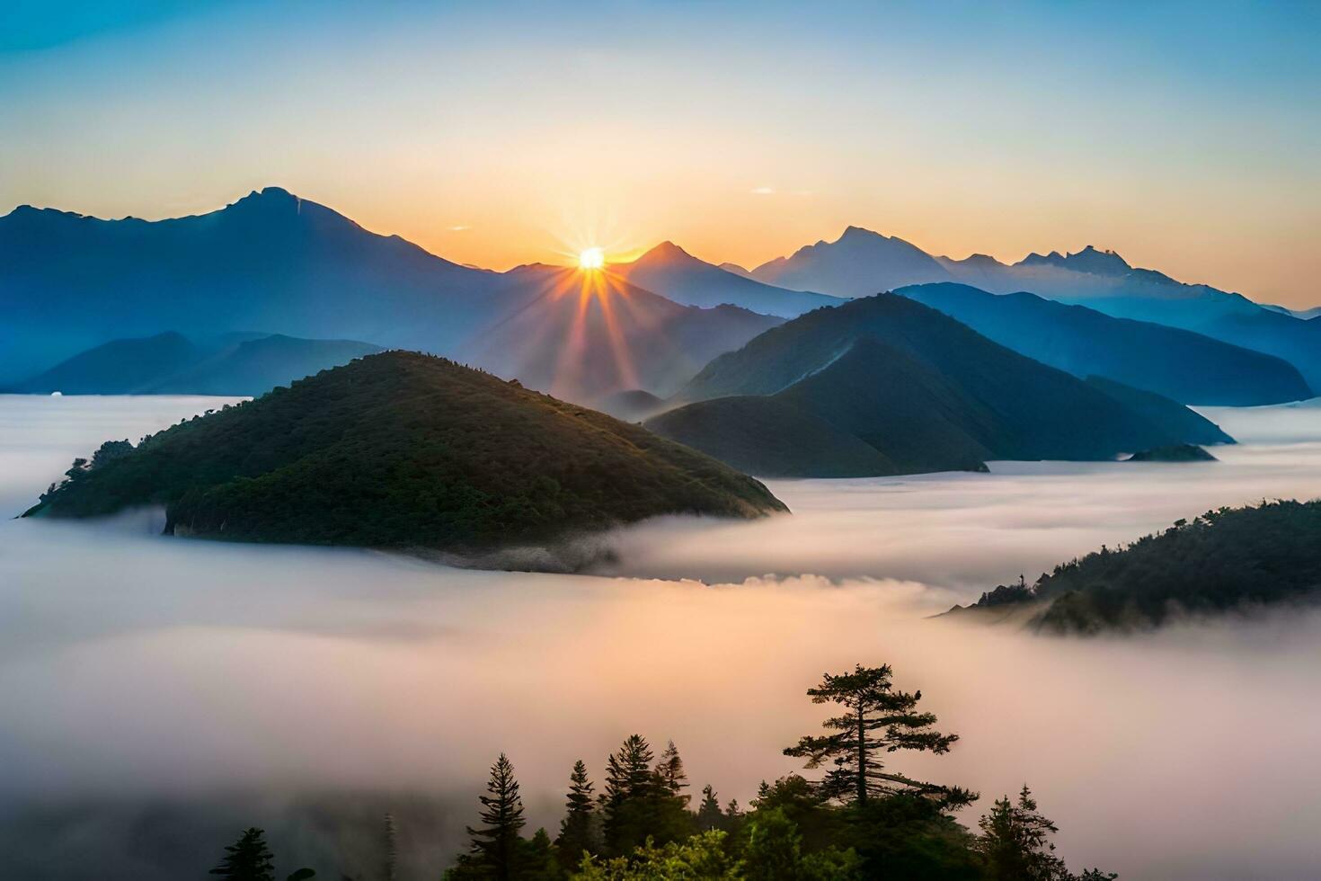 de Sol stiger över de bergen och dimma i detta Foto. ai-genererad foto