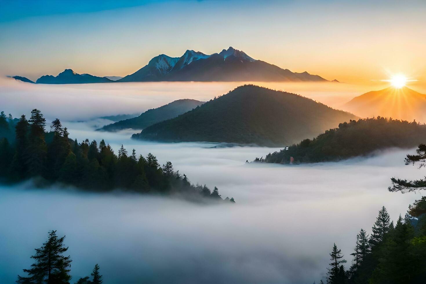 soluppgång över de bergen och dimma. ai-genererad foto