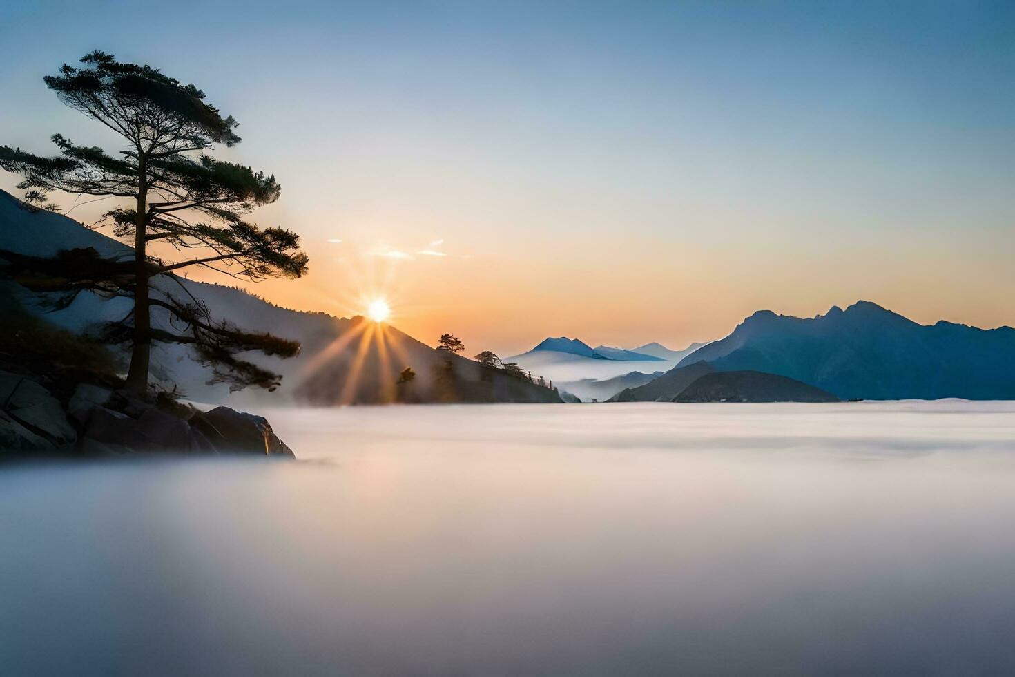 en träd är stående i de mitten av en sjö med de Sol stigande ovan de moln. ai-genererad foto