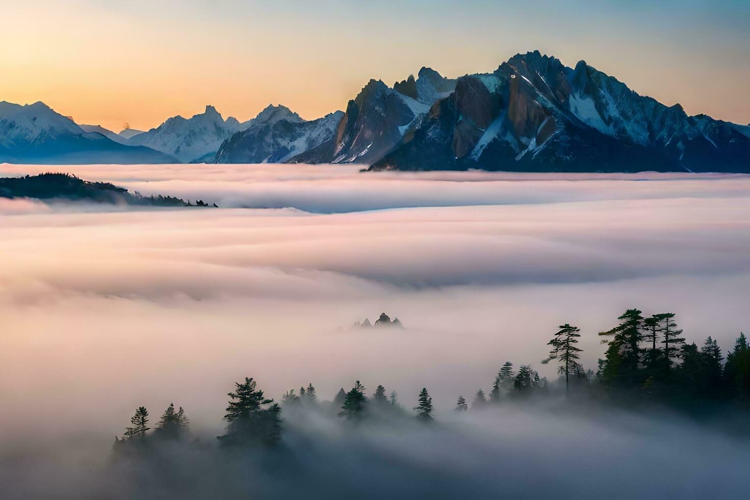en berg räckvidd med dimma och träd. ai-genererad foto