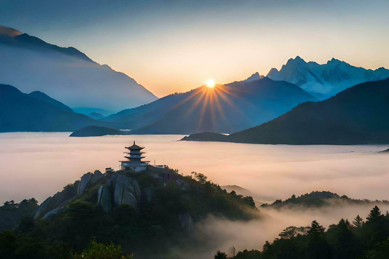 de Sol stiger över en pagod i de berg. ai-genererad foto