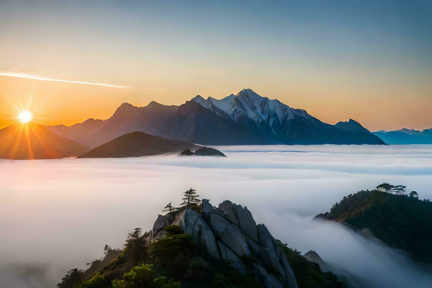 de Sol stiger över de bergen och dimma i Kina. ai-genererad foto