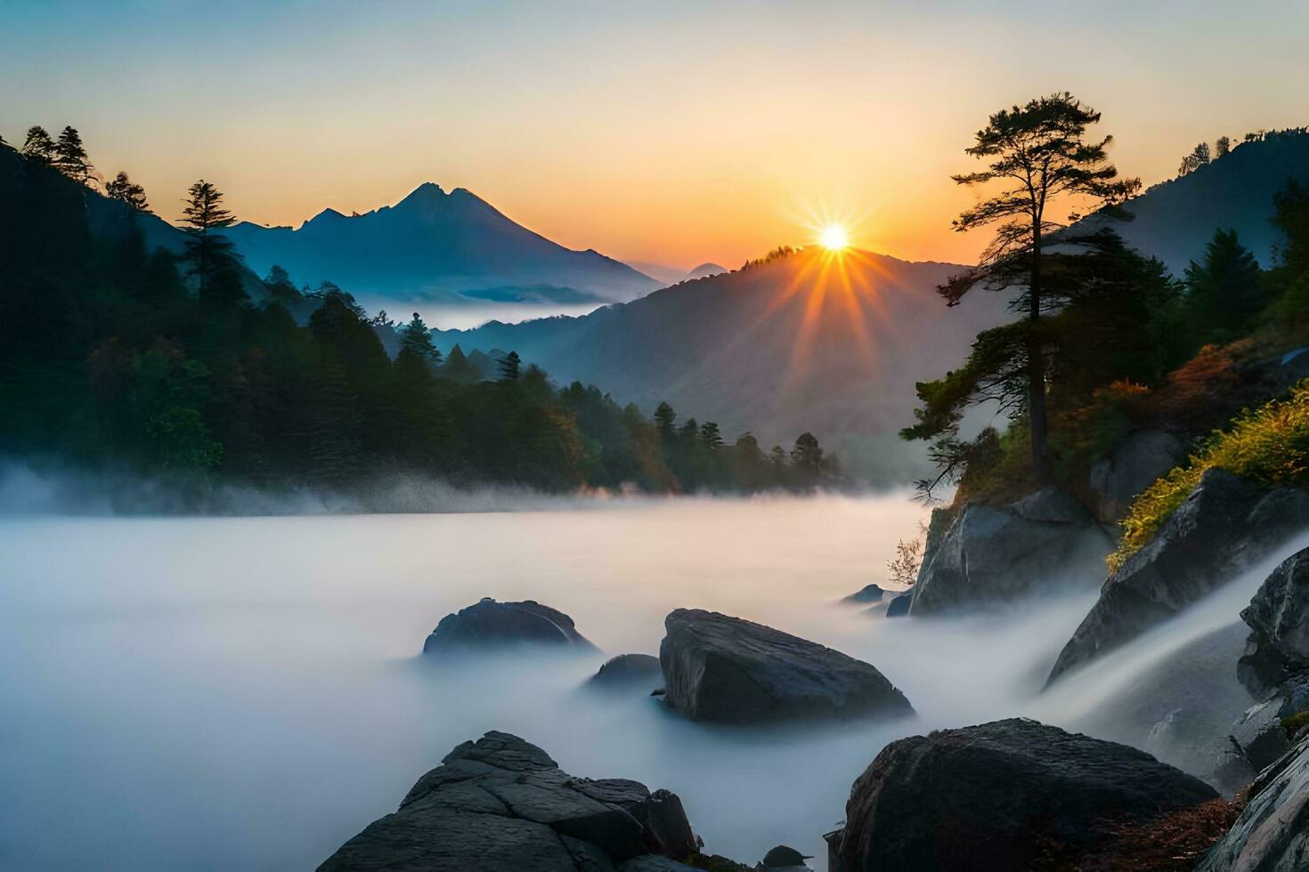 en skön soluppgång över en berg flod med dimma och rocks. ai-genererad foto