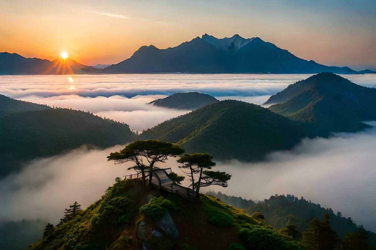 en träd är på topp av en berg med dimma i de bakgrund. ai-genererad foto