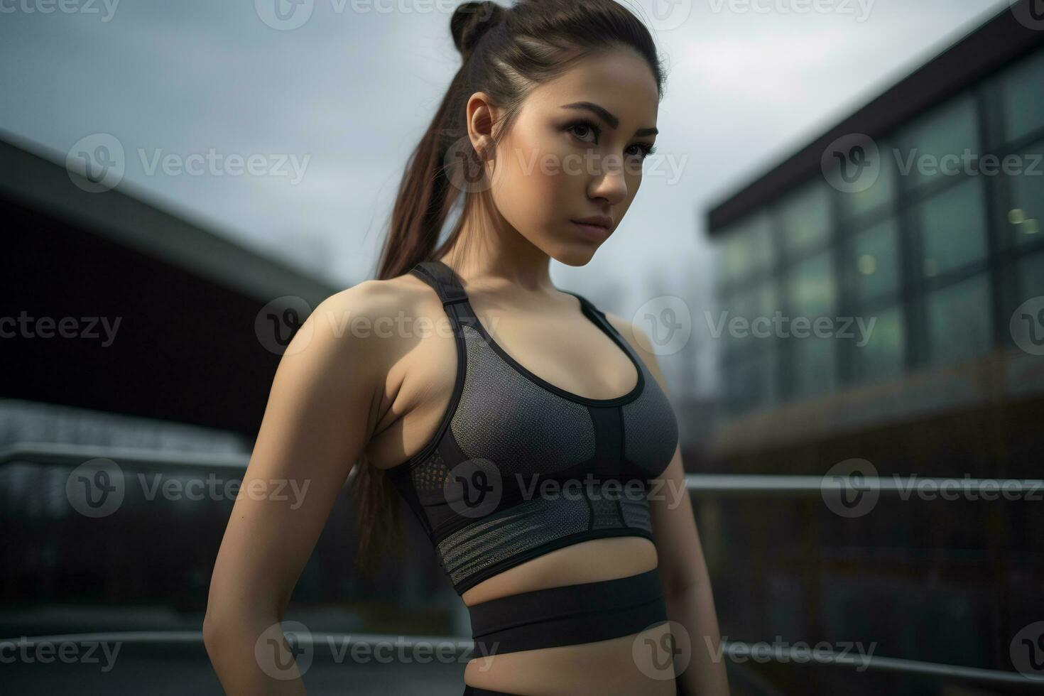 en ung asiatisk flicka med brun hår drog tillbaka bär sport behå ai generativ foto