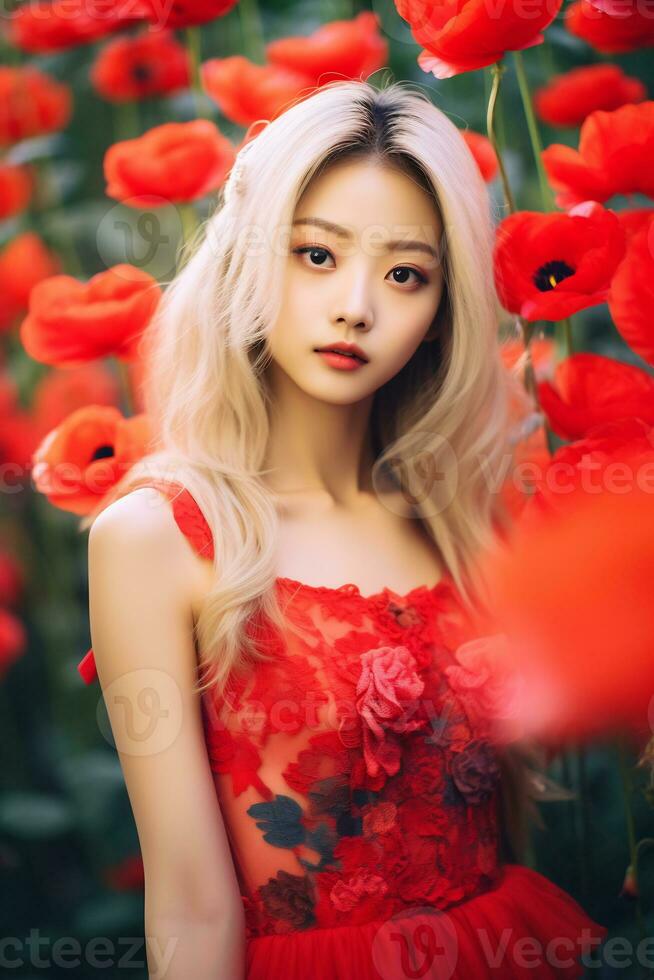 skön asiatisk flicka med blond hår i blomma trädgård ai generativ foto