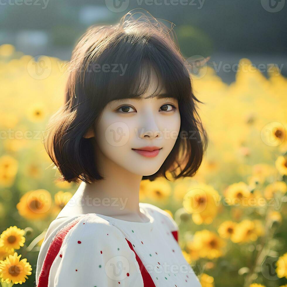 skön asiatisk flicka i blomma trädgård ai generativ foto