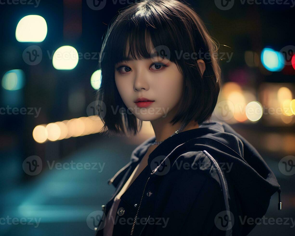 skön asiatisk flicka i modern utrusta ai generativ foto