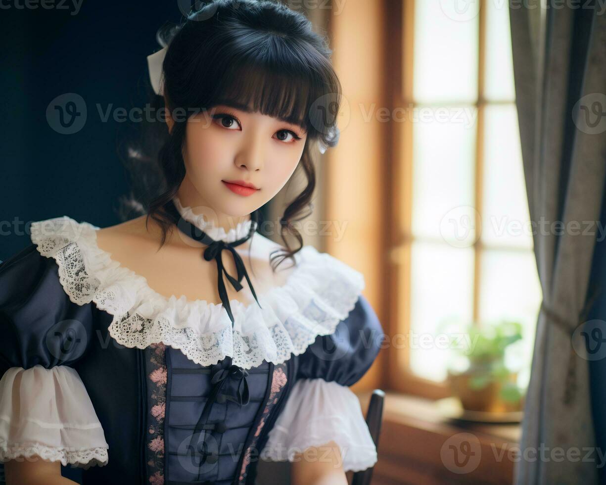 söt asiatisk ung flicka klädd i lolita hembiträde klänning ai generativ foto