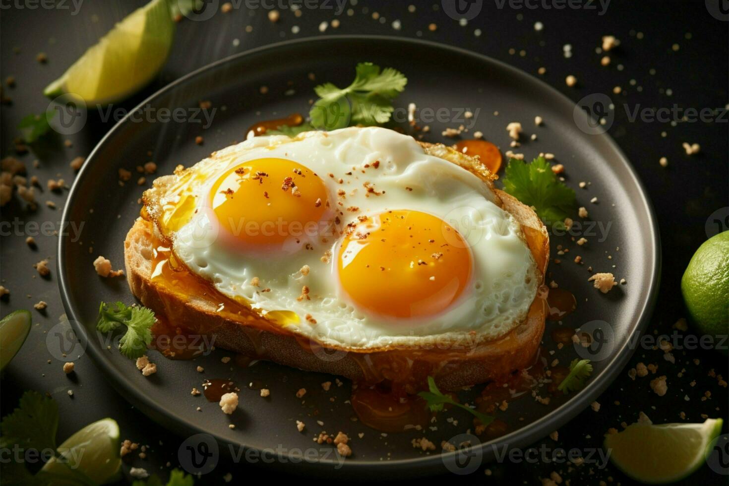 frukost tallrik är Utsmyckad med ljuvlig solig sida upp friterad ägg ai genererad foto
