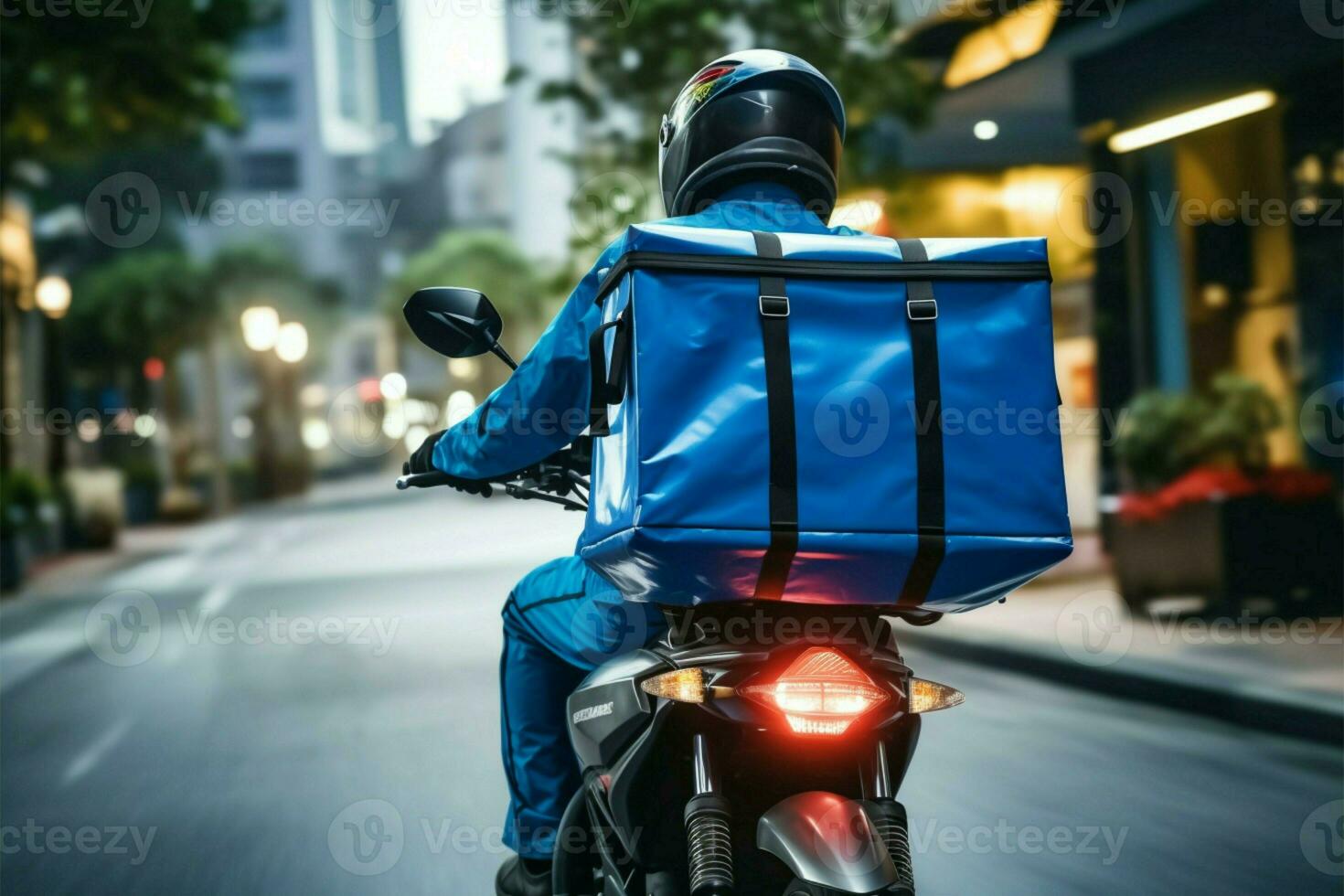 uttrycka service leverans man i blå enhetlig rider motorcykel snabbt ai genererad foto