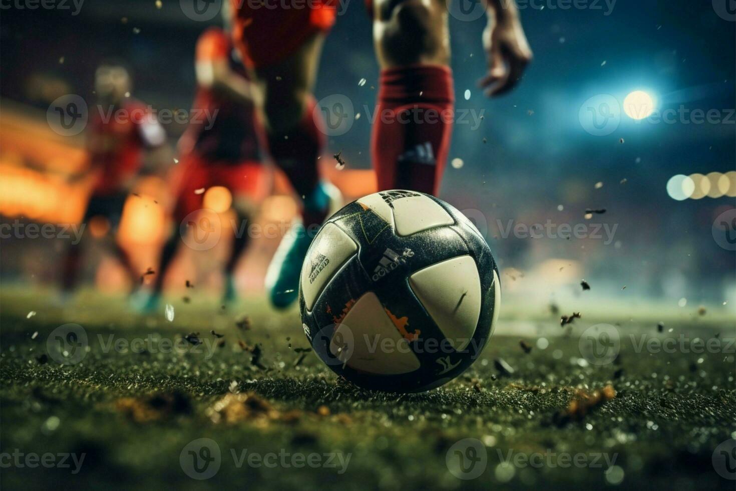 fotbollsspelare exakt fotarbete på visa i de stadion med de boll ai genererad foto