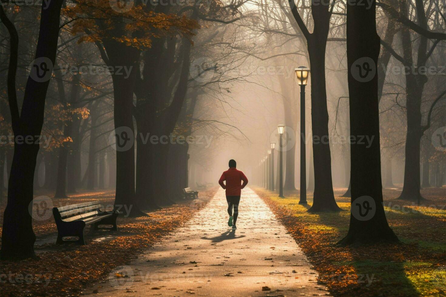 joggare håller ut genom dimmig höst parkera på en lugn morgon- ai genererad foto