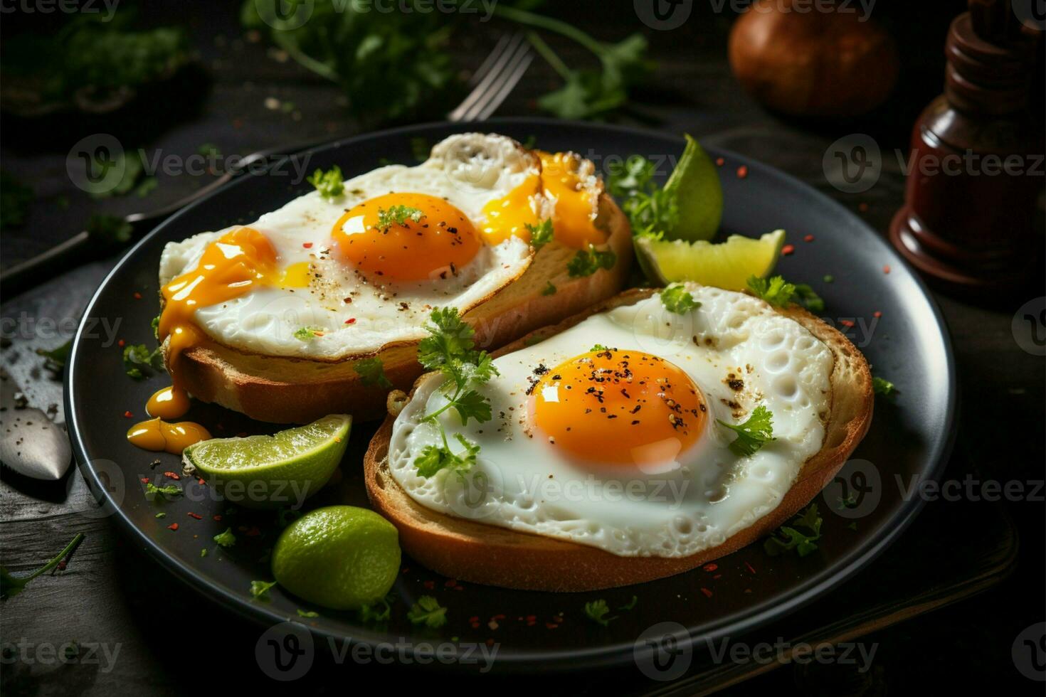 morgon- måltid funktioner utsökt friterad ägg eras på en frukost tallrik ai genererad foto