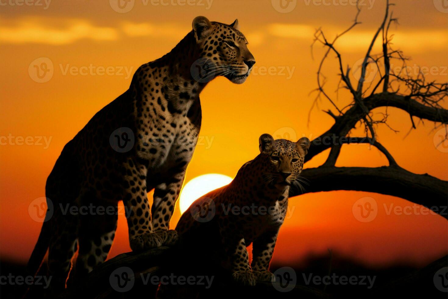 leoparder silhuett nådar de horisont som de Sol stiger graciöst ai genererad foto