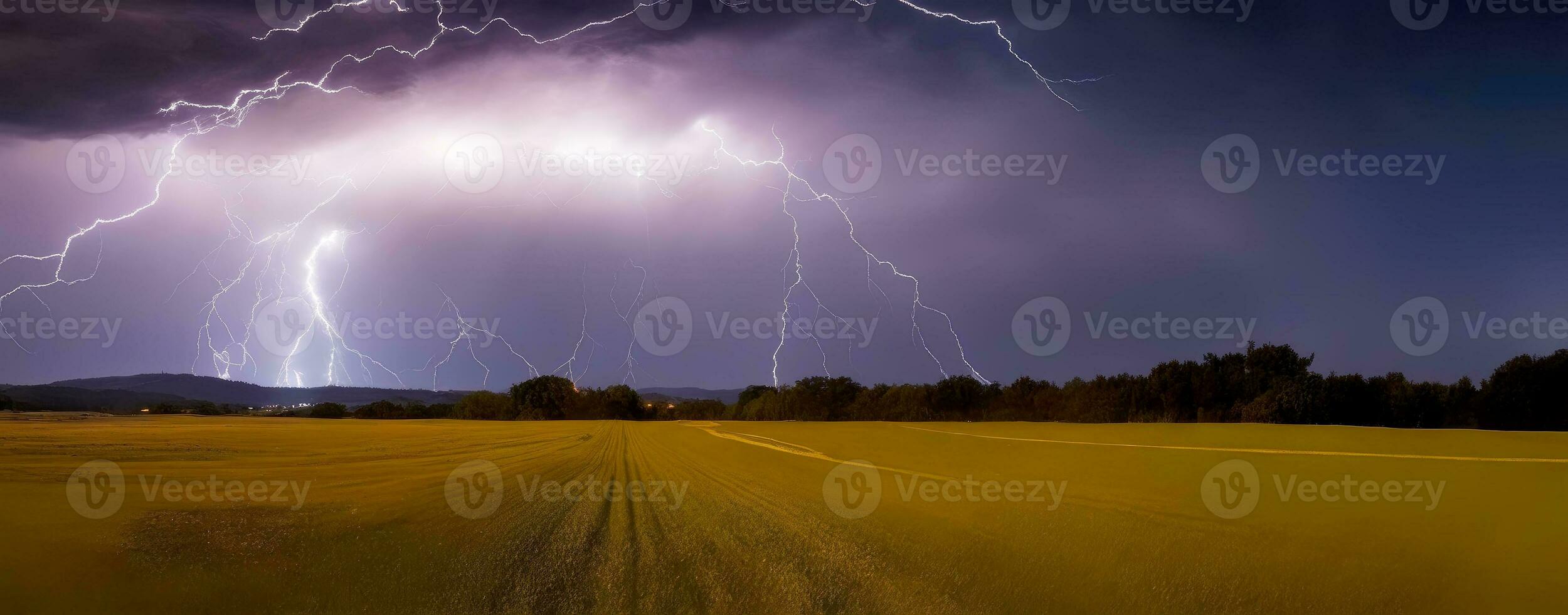 fängslande stormlandskap, panorama- blixt- landskap, ai genererad foto