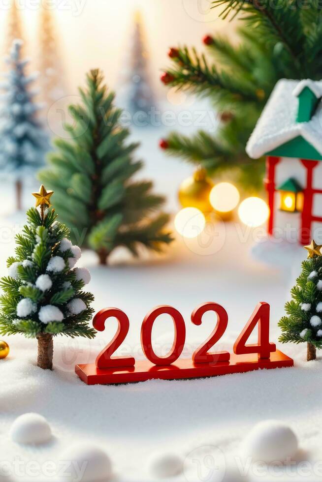 vinter- magi, miniatyr- glad jul Lycklig ny år 2024, ai genererad foto