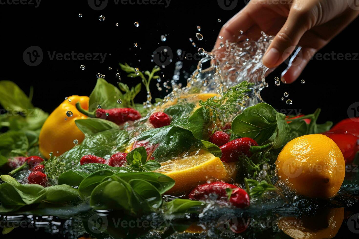 hand tvättning organisk frukt och grönsaker professionell mat fotografi ai genererad foto