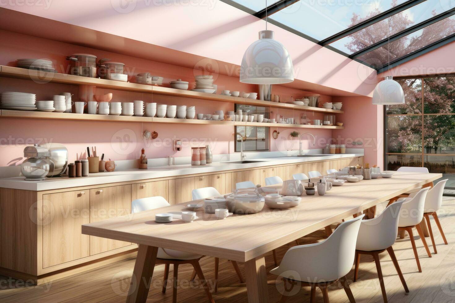modern trä och rosa kök professionell reklam fotografi ai genererad foto