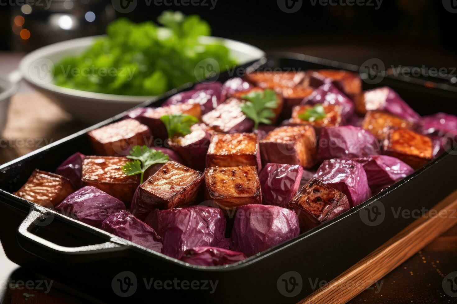 rostad färsk lila ljuv potatis professionell reklam mat fotografi ai genererad foto