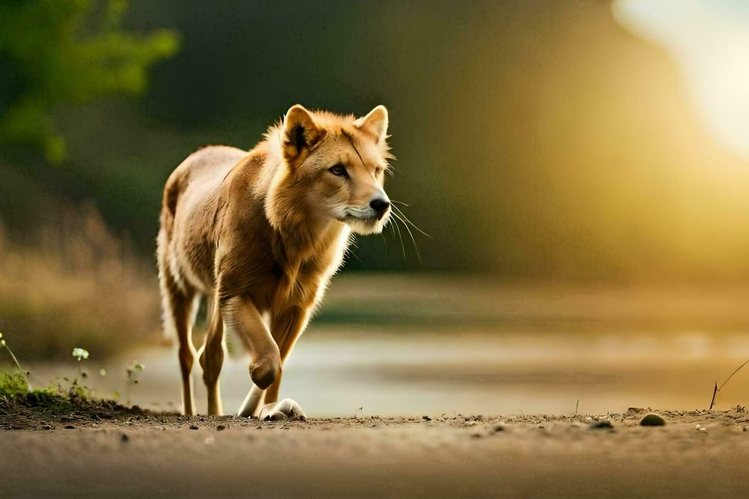 en lejon gående på de väg på solnedgång. ai-genererad foto