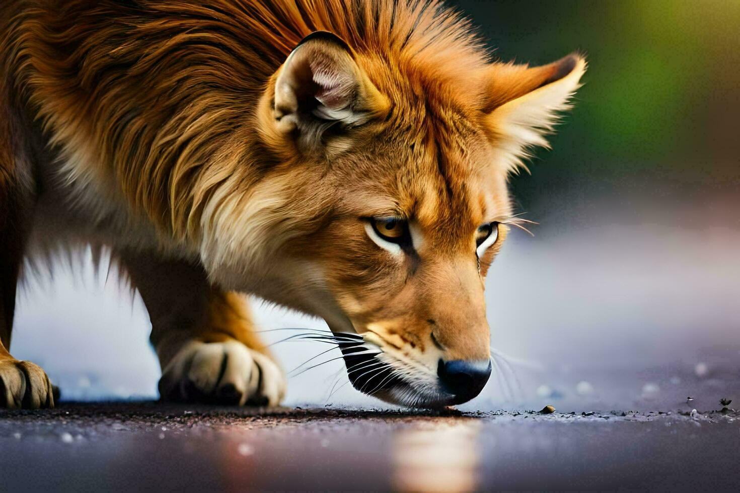 en stänga upp av en lejon sniffa de jord. ai-genererad foto