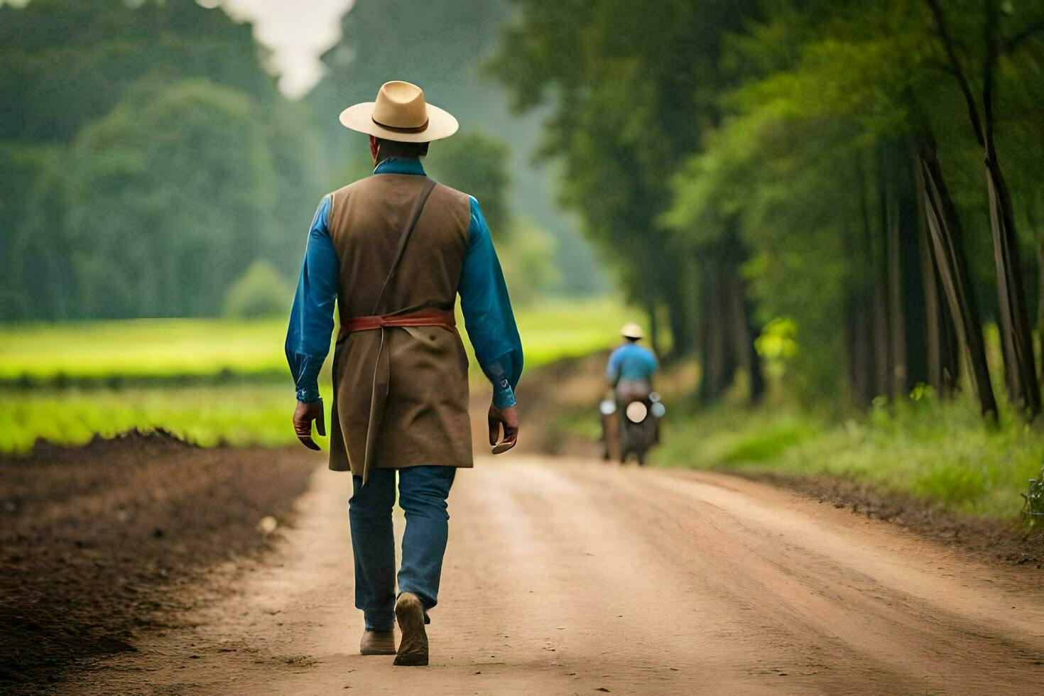 en man i en cowboy hatt gående ner en smuts väg. ai-genererad foto