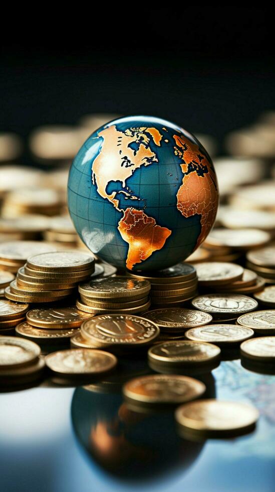 global företag begrepp stänga upp av mini värld boll på en mynt lugg vertikal mobil tapet ai genererad foto