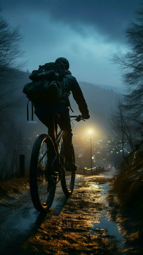 ridning en cykel på lätthet, fattande de skönhet av de natt himmel vertikal mobil tapet ai genererad foto