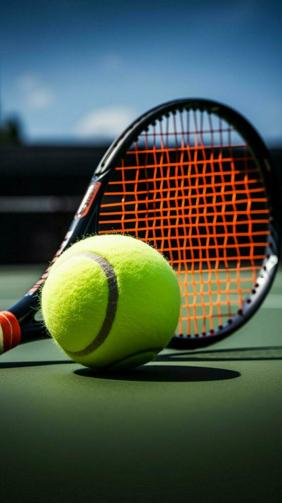 tennis väsentliga på en nytt målad domstol racket, boll, och spänning vertikal mobil tapet ai genererad foto