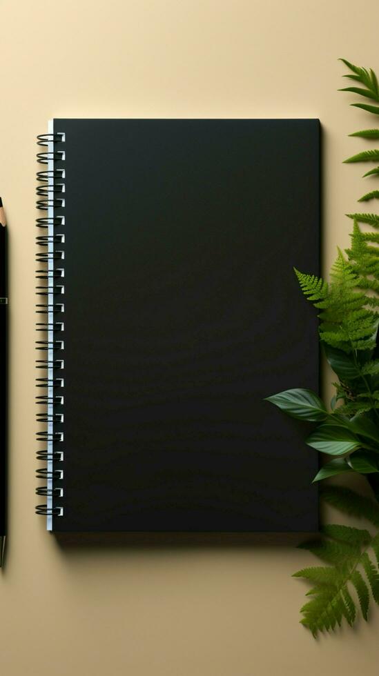 tom skärm anteckningsbok attrapp i en realistisk svart ram för presentationer vertikal mobil tapet ai genererad foto