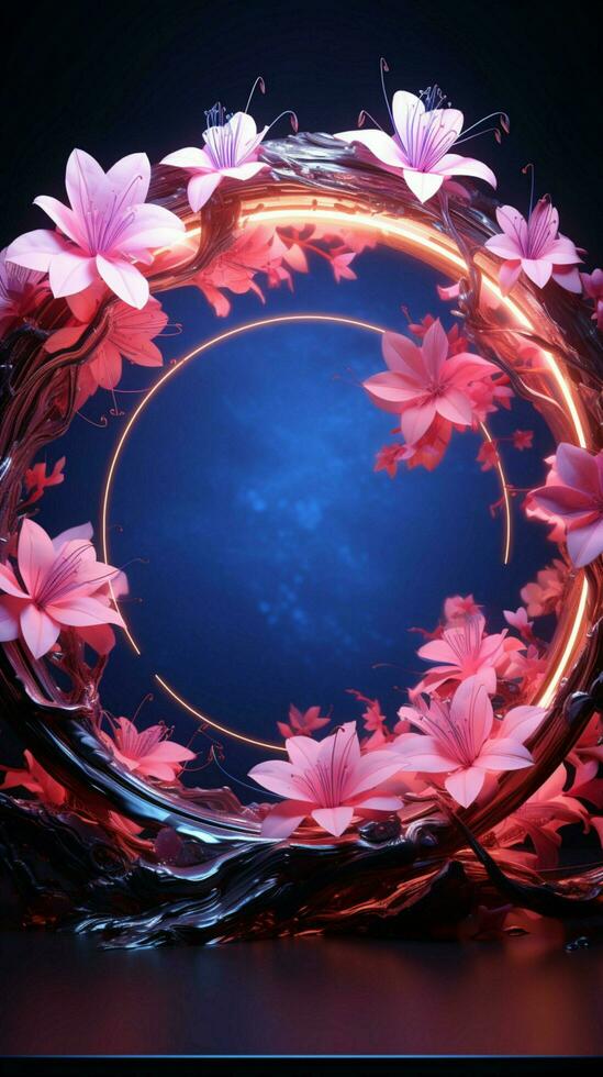 lysande trädgård omfamning blå neon lampor accentuera de rosa blommig cirkel vertikal mobil tapet ai genererad foto