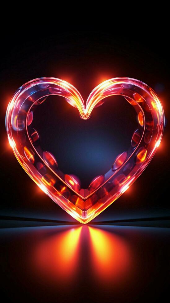 lysande hjärtan tecken retro neon design strålar på en svart bakgrund vertikal mobil tapet ai genererad foto