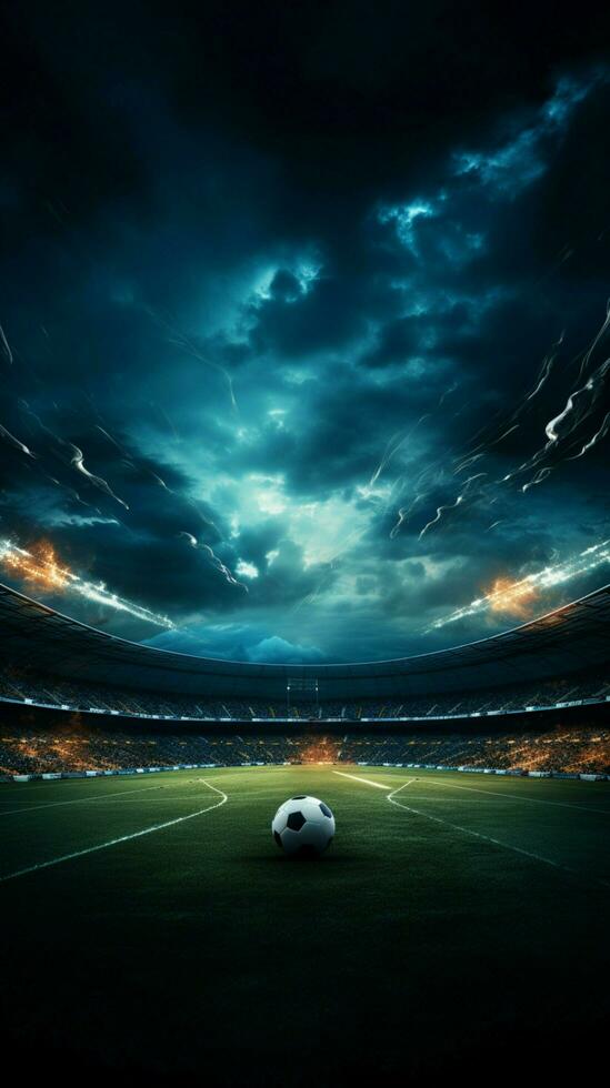 digital fotboll konst vackert belyst tömma fotboll fält illustration med abstrakt element vertikal mobil tapet ai genererad foto