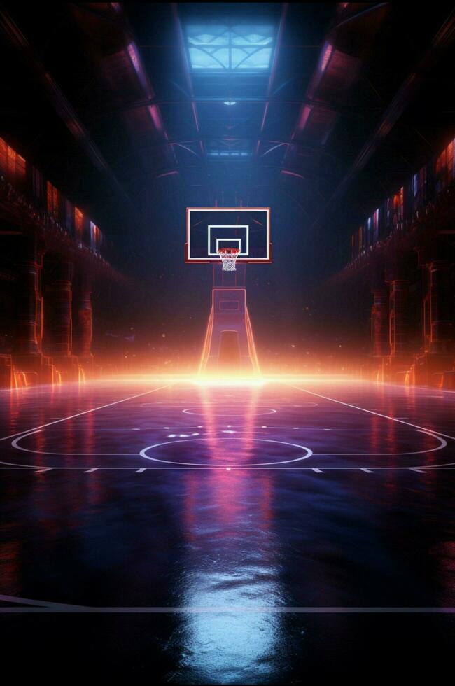 dynamisk 3d framställa neon belyst basketboll domstol från en spännande sida perspektiv vertikal mobil tapet ai genererad foto