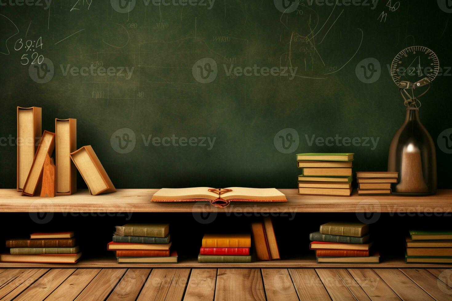 trä- klassrum disken Utsmyckad med böcker, erbjudande insikter in i de värld av perspektiv ai genererad foto