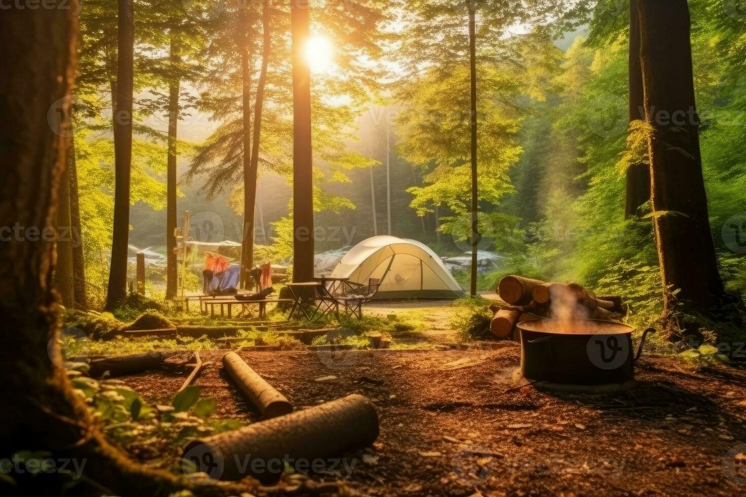 campingplats i de strand i de morgon- se reklam landskap fotografi ai genererad foto