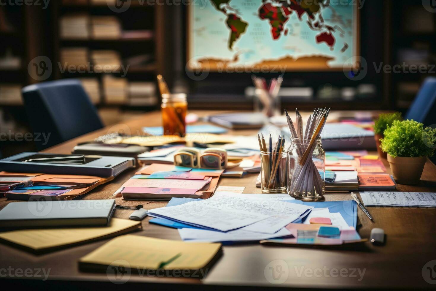 skrivbord med dokument och klibbig anteckningar och stationär professionell reklam fotografi ai genererad foto