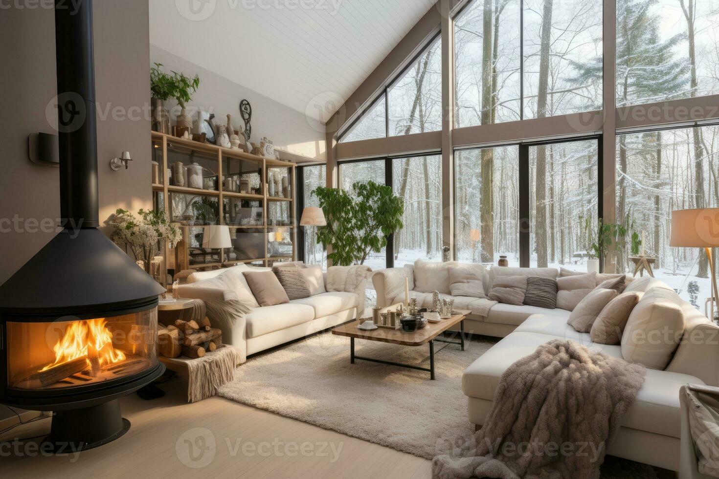 modern öppen spis hus i scandinavian stil professionell reklam fotografi ai genererad foto